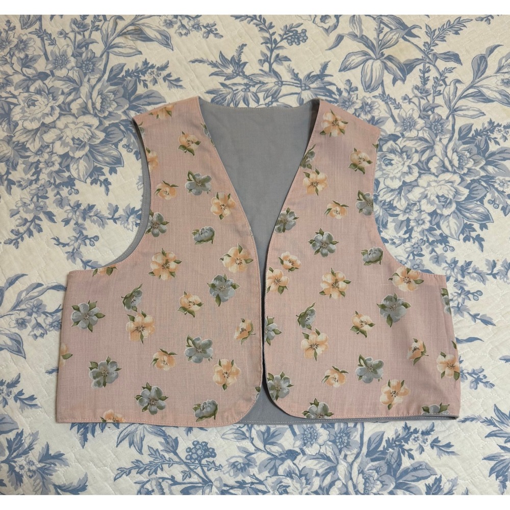 Vintage Style Pink Floral Cotton Open Front Cropped Vest Boho Cottagecore Medium